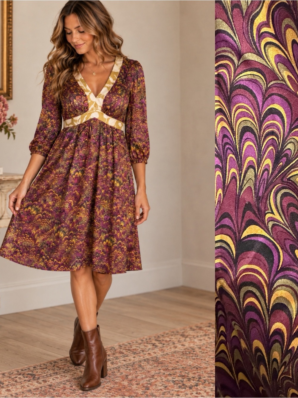 OC by Oleg Cassini 100% Silk Paisley Empire Waist Dress Size 4 Style 30234